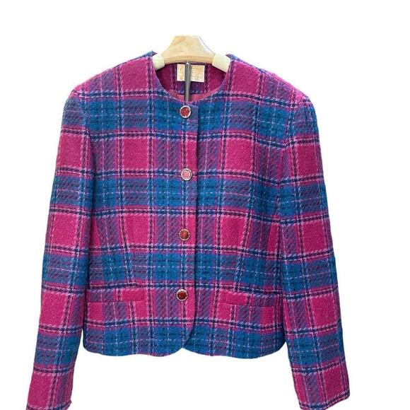 Vintage 80s Pendleton Wool Lined Plaid Cardigan Jacket Size 14 Raspberry Preppy - Picture 1 of 7
